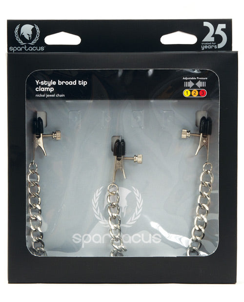 Spartacus Y-Style Broad Tip Nipple Clamps & Clit Clamp, Adjustable Metal