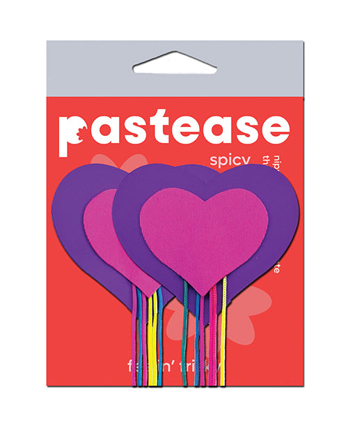 Pastease Hearts w/Fringe Rainbow Tassels, Neon Pink/Purple, 3"x2.5"