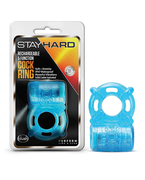 Blush Novelties BL-31902 Stay Hard 5 Function Cock Ring, Blue, Vibrating