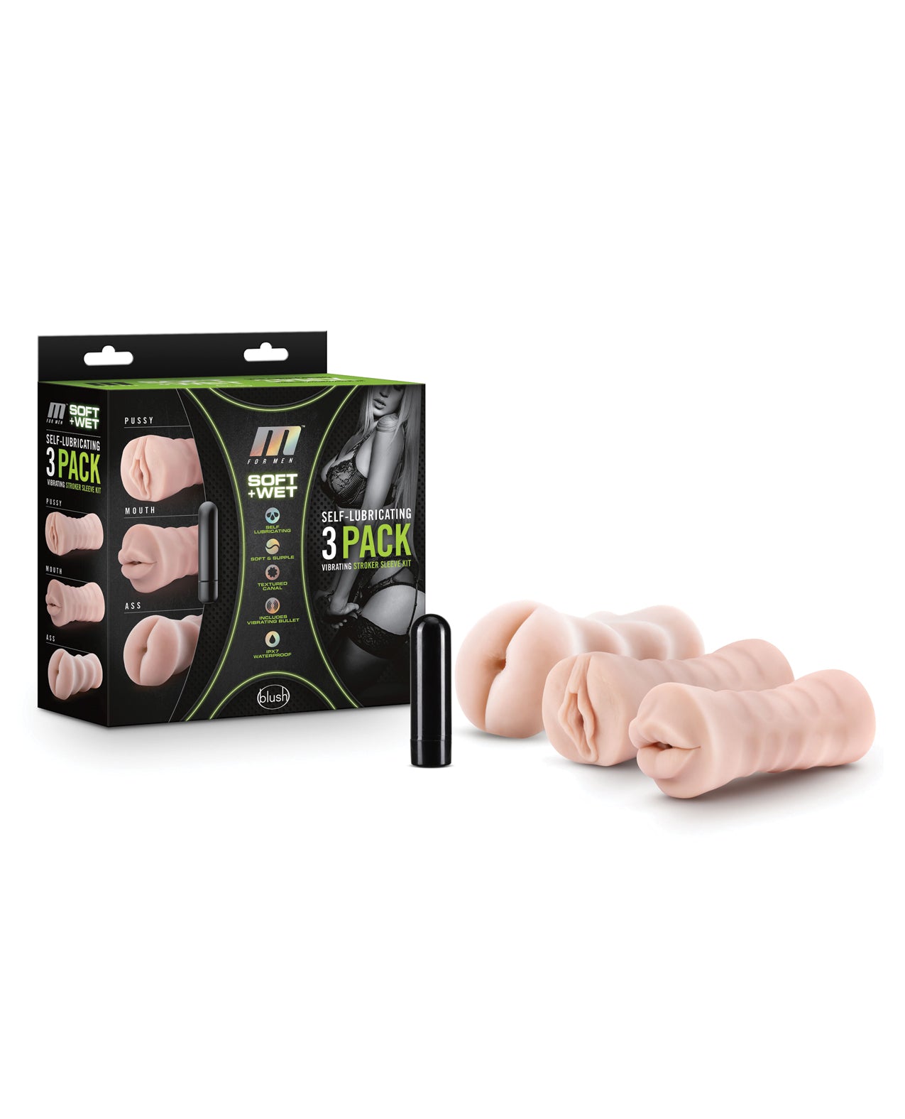 Blush Novelties BL-84103 M for Men Stroker Sleeve Kit, 3 Sleeves, Vibrating