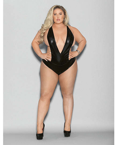 Escante 2123X BLK QN Wet Look Deep V Teddy, Queen, D/DD Cup