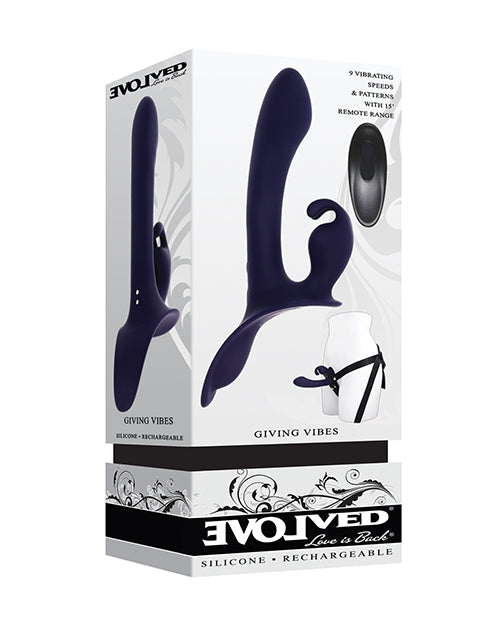 Evolved Giving Vibes Strap-On Bunny Eared Stimulator with Remote Control, Purple