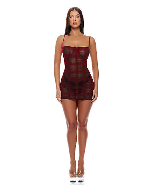 Forplay Inc. 775405 RBK SM Velvet Mesh Chemise & Thong Set, Red/Black