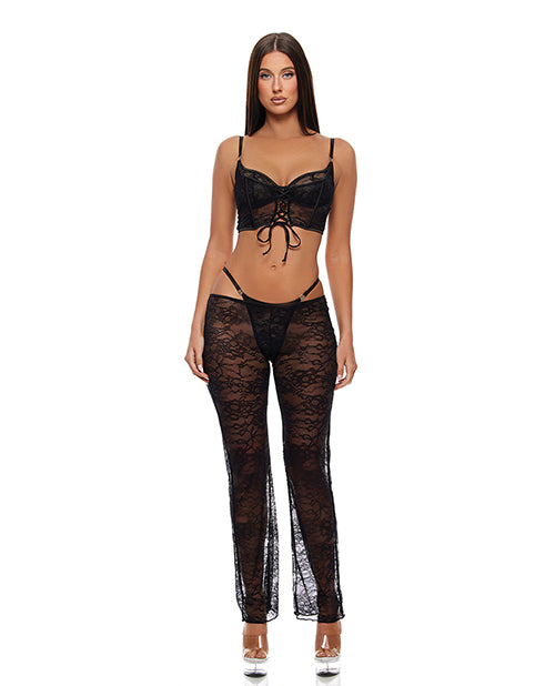 Forplay Inc. 775412 BK LG Lace Bra, Thong & Pants Set - Black L