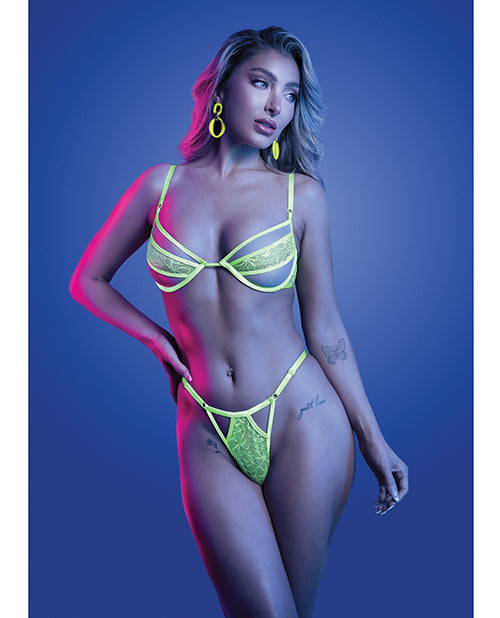 Fantasy Lingerie GL2547-LXL-B UV Reactive Bra & Thong Set, Neon Green