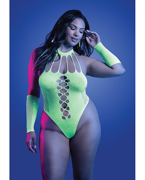 Fantasy Lingerie GL2551-QS-B UV Reactive Teddy/Gloves Set, Neon Green