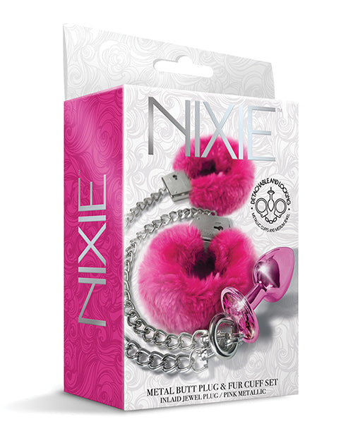 Global Novelties 1000323 Nixie Metal Butt Plug & Fur Cuff Set, Pink