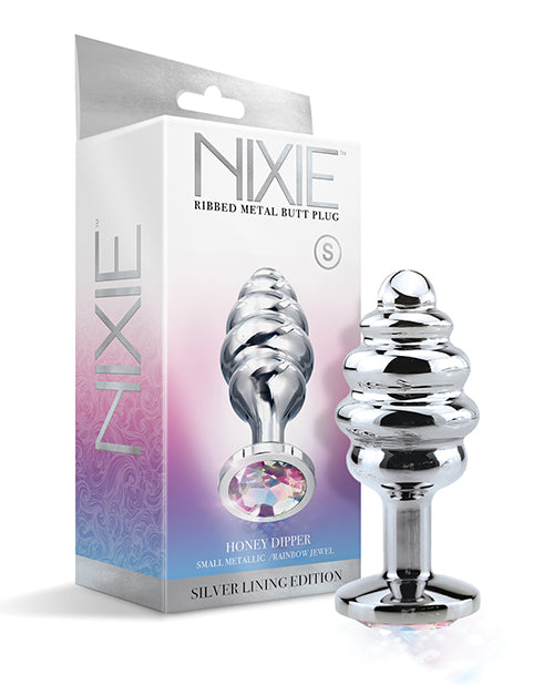 Global Novelties 1000328 Nixie Ribbed Metal Butt Plug, Small, Rainbow Jewel