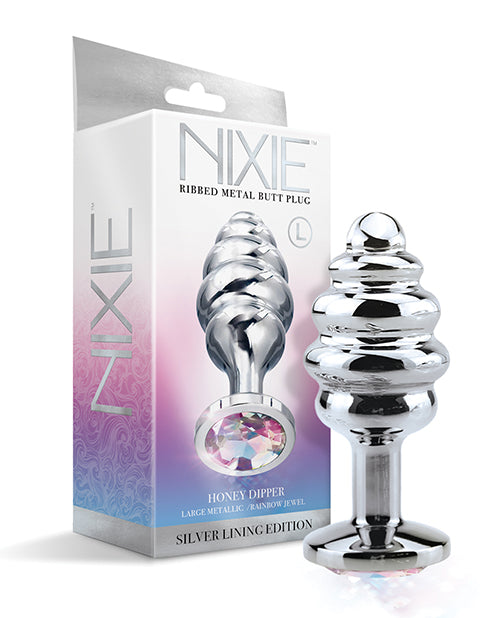 Global Novelties 1000330 Nixie Ribbed Metal Butt Plug, Rainbow Jewel, Large