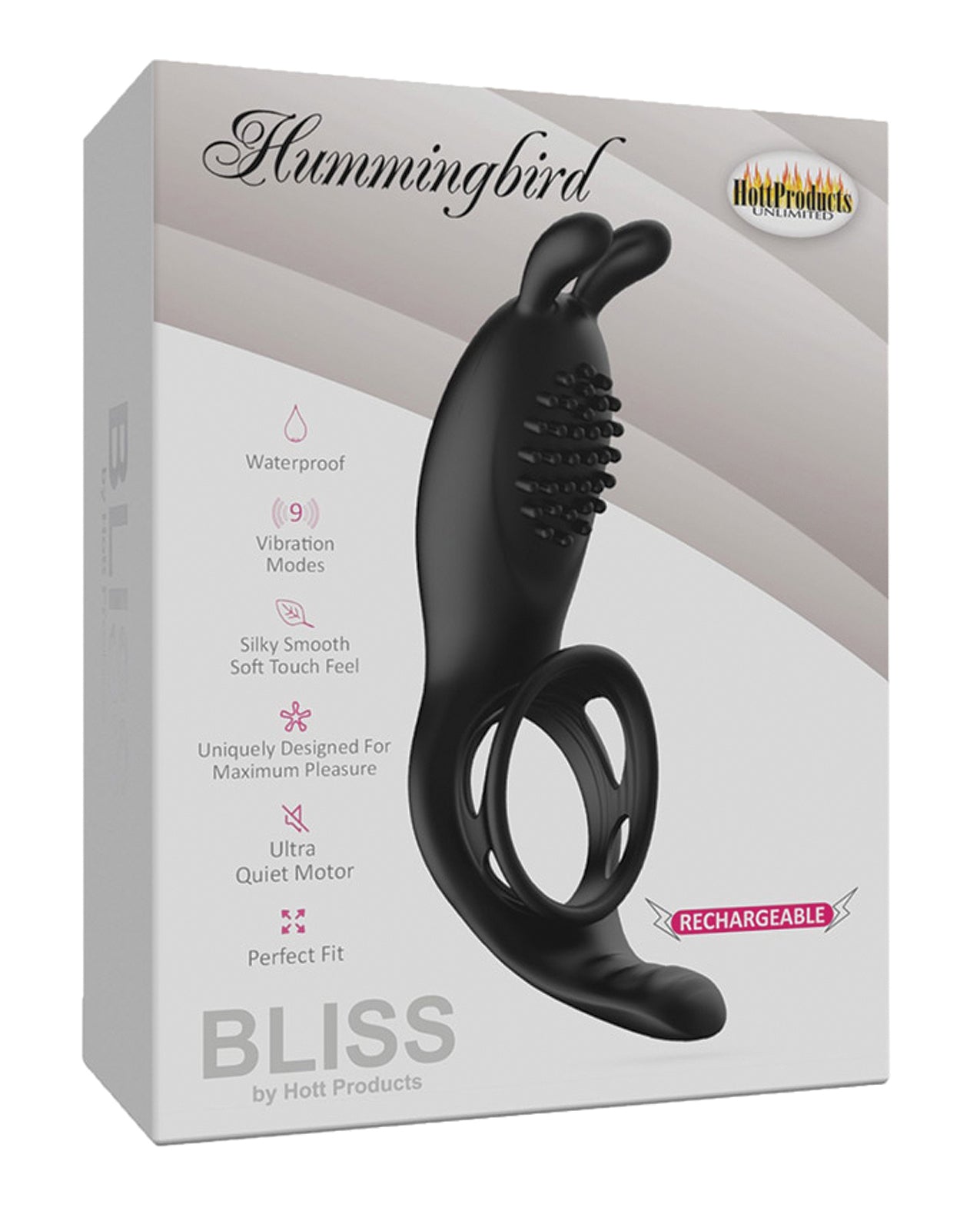 Hott Products Bliss Hummingbird Vibrating Cock Ring, Body-Safe Silicone, 9 Modes