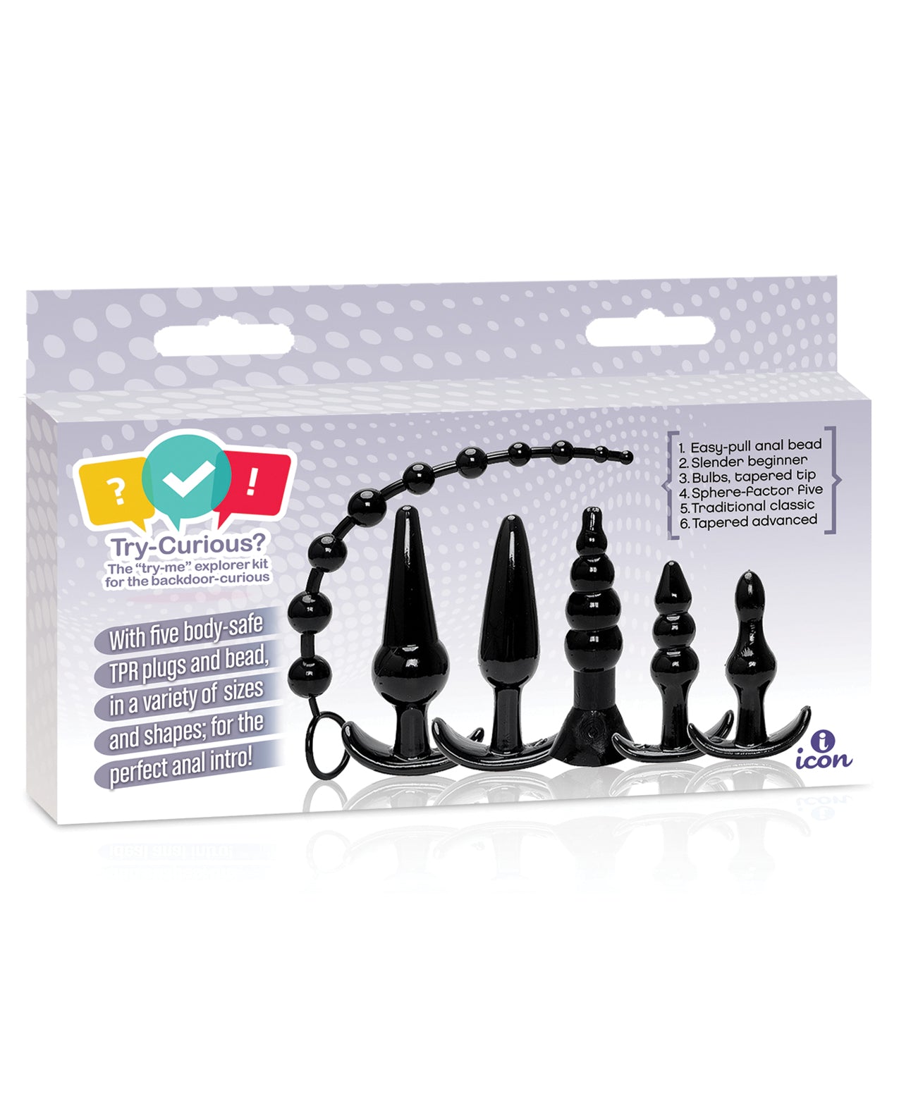 Icon Brands IC8013-2 Try-Curious Anal Plug Kit, Black, TPR, 6-Piece