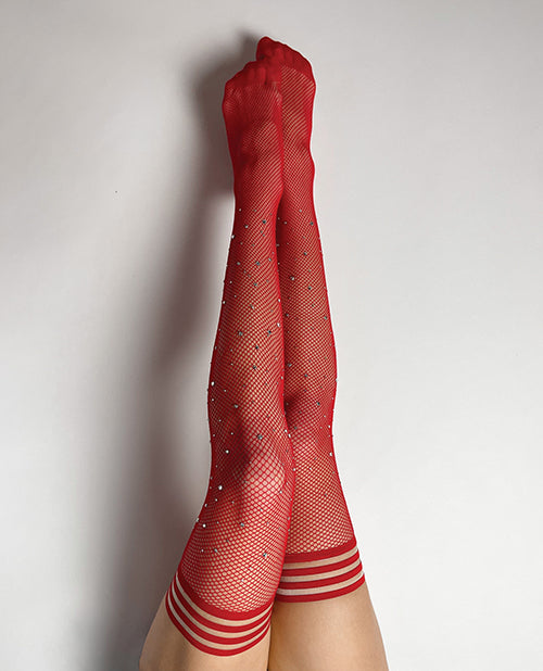 Kix'ies Inc 1353 B Joely Fishnet Rhinestone Thigh High, Red, Size B