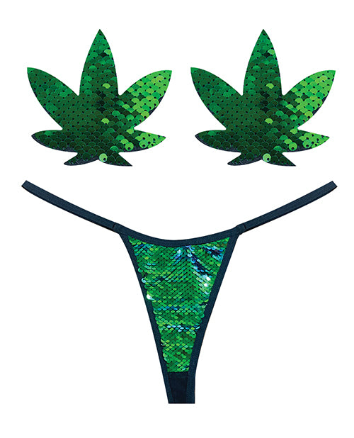 Neva Nude Naughty Knix Weed Leaf Sequin G-String & Pasties Set, Green to Black