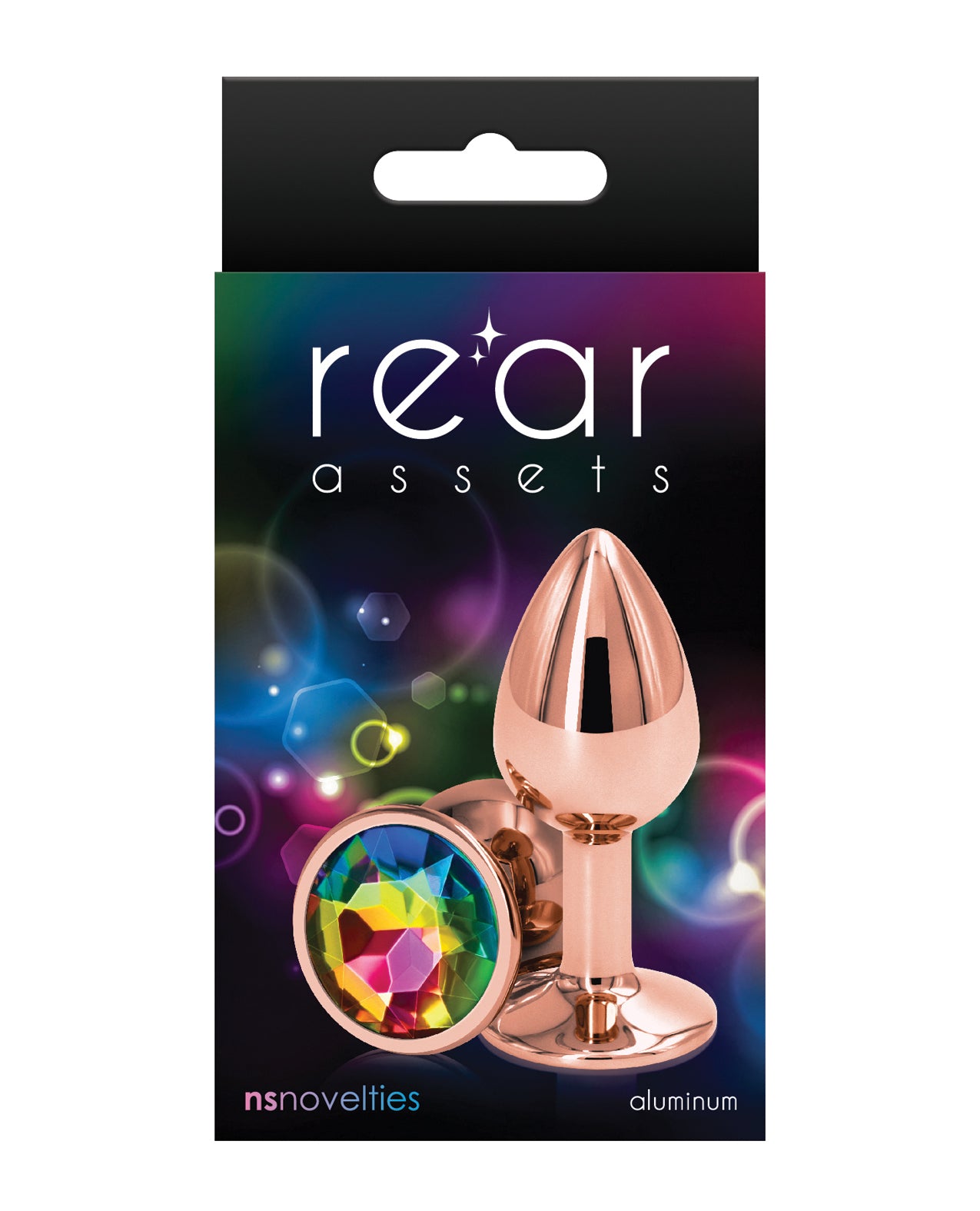 NS Novelties Rear Assets Small Rose Gold Aluminum Anal Plug with Rainbow Gem