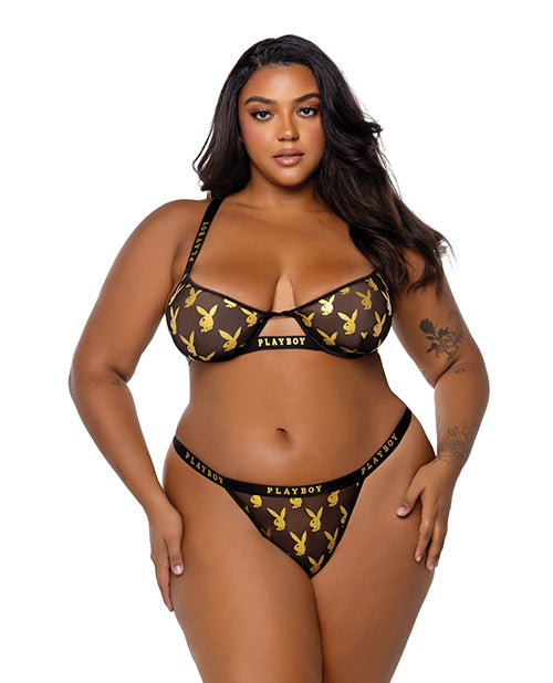 Roma Costume PBLI156Q-Blk/Gold-2X Playboy Bralette & Thong Set, Black/Gold 2X