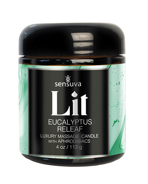 Sensuva Lit Eucalyptus and Tea Leaf Releaf Luxury Massage Candle, 4 oz