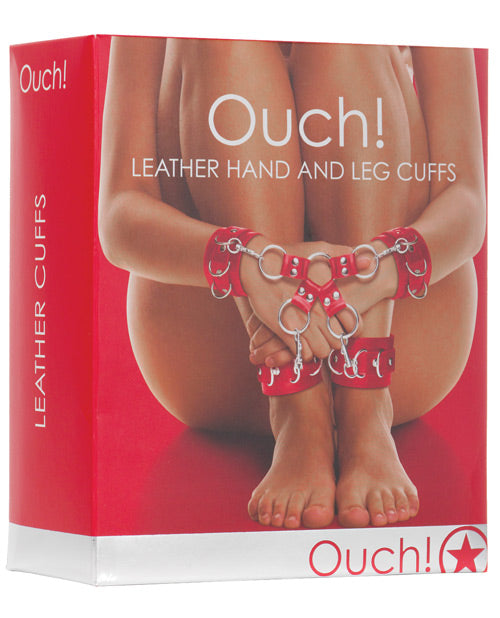 Shots Ouch! Leather Hand & Leg Cuffs, Red