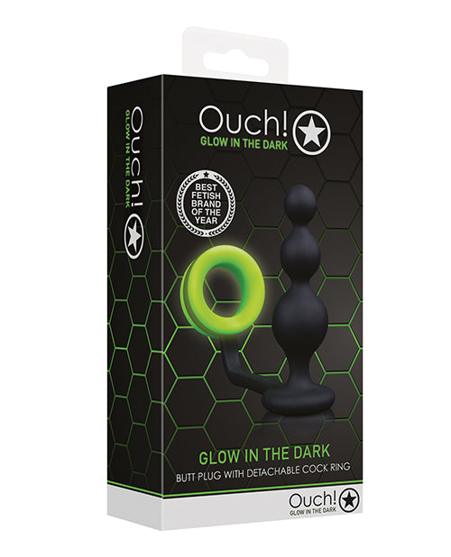 Shots Ouch! Glow in the Dark Butt Plug with Cock Ring, Body-Safe Silicone