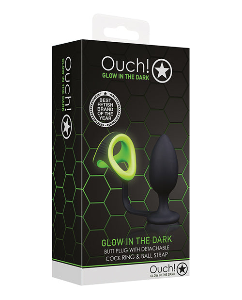 Shots Ouch! Glow-in-the-Dark Butt Plug with Cock Ring & Ball Strap