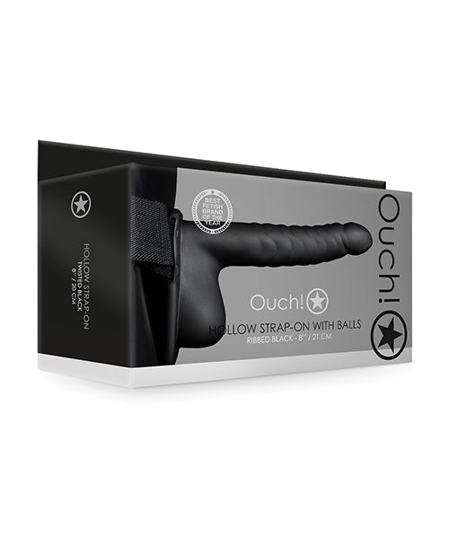 Shots America LLC OU817BLK 8-Inch Ribbed Hollow Strap On w/Balls, Black