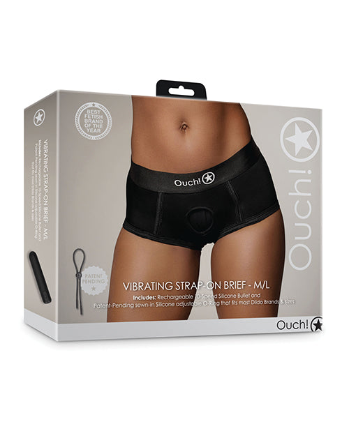 Shots Ouch! Vibrating Strap-On Brief, Black M/L – 10-Speed Rechargeable