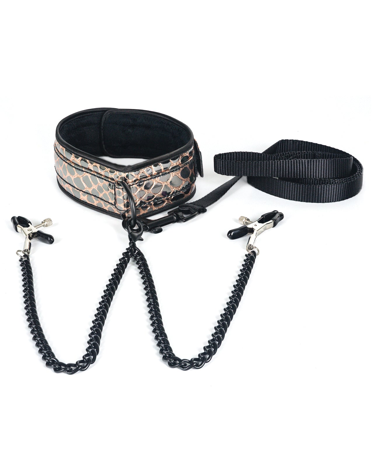 Spartacus Faux Leather Collar & Leash with Nipple Clamps, Gold