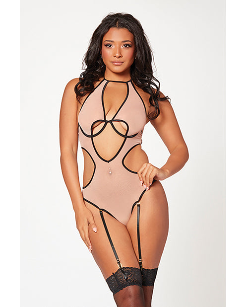 Seven 'til Midnight Mesh Cut Out Halter Teddy, Black/Nude, One Size