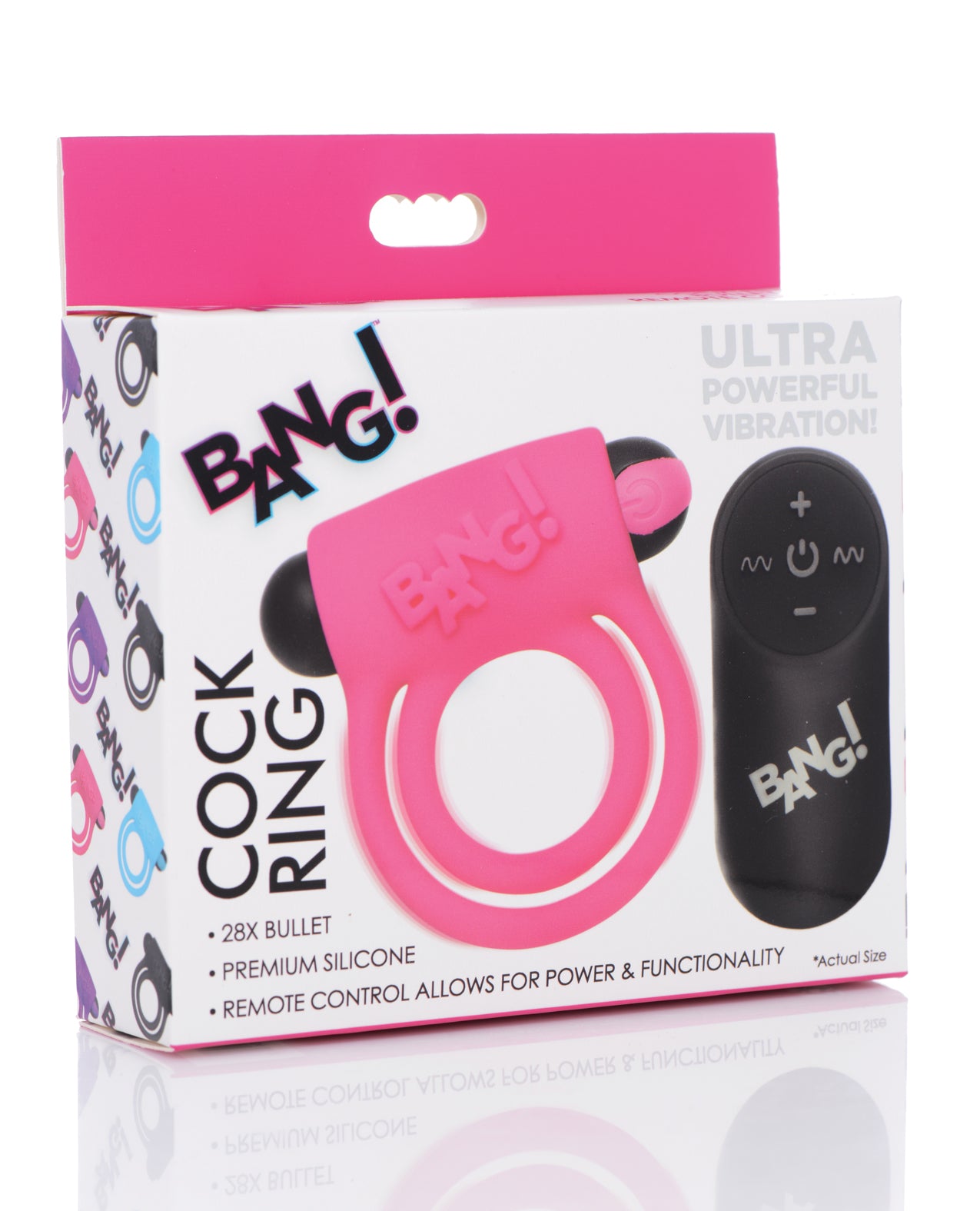 XR Brands Bang! 28X Vibrating Cock Ring & Bullet with Remote – Pink