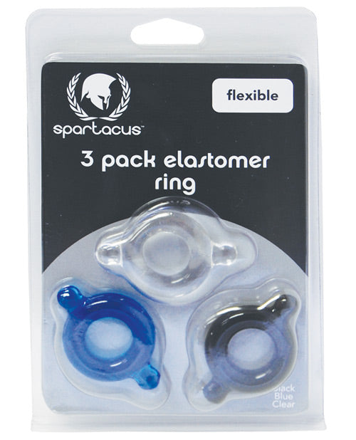 Spartacus BSPR-86 Elastomer Cock Ring Set, Pack of 3, Black/Blue/Clear