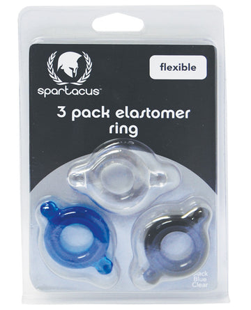 Spartacus BSPR-86 Elastomer Cock Ring Set, Pack of 3, Black/Blue/Clear