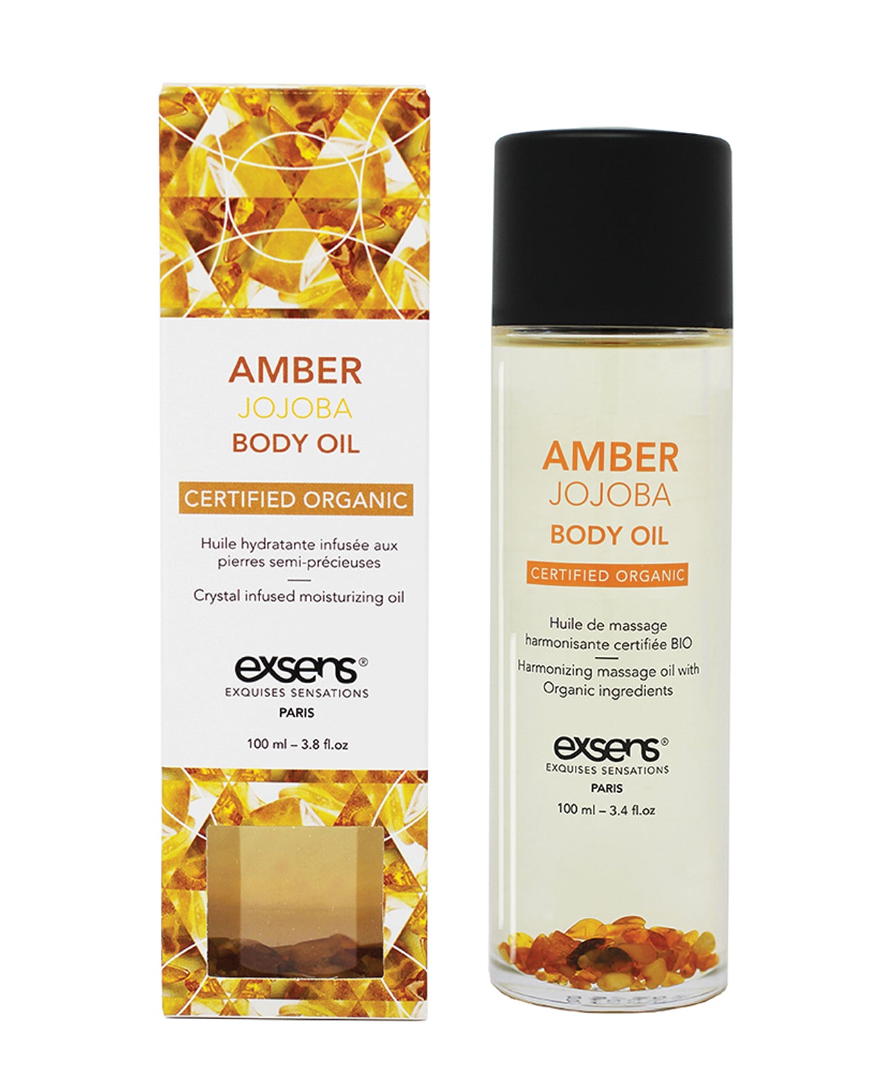 Exsens D602 Organic Body Oil w/Stones, Amber Jojoba, 100ml, Vegan