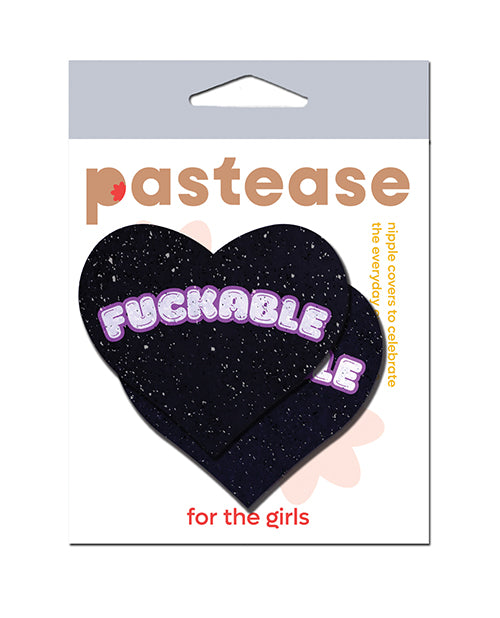 Pastease FCKABLE Heart Pasties, Black Glitter Velvet with Pink Accents