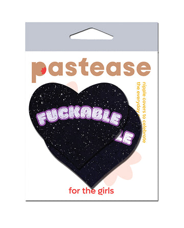 Pastease FCKABLE Heart Pasties, Black Glitter Velvet with Pink Accents