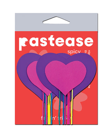 Pastease Hearts w/Fringe Rainbow Tassels, Neon Pink/Purple, 3"x2.5"