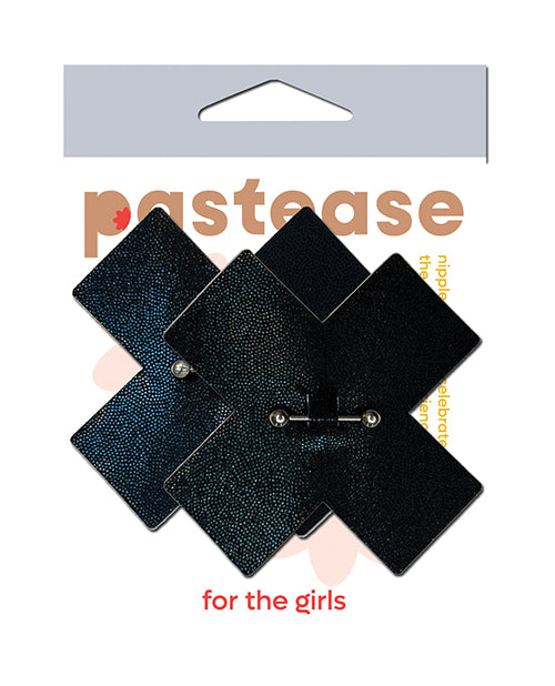 Pastease Liquid Black Cross X Pierced Barbell Pasties, 3" x 3"