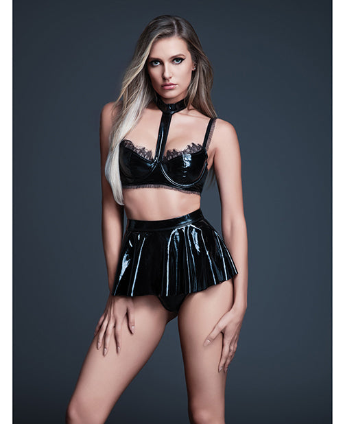 Allure Naughty Nights Latex-Look Vinyl & Lace Choker Bra & Mini Skirt Set