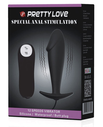 Pretty Love BI-040040 Vibrating Penis Shaped Butt Plug, Black Silicone, 3.94" L