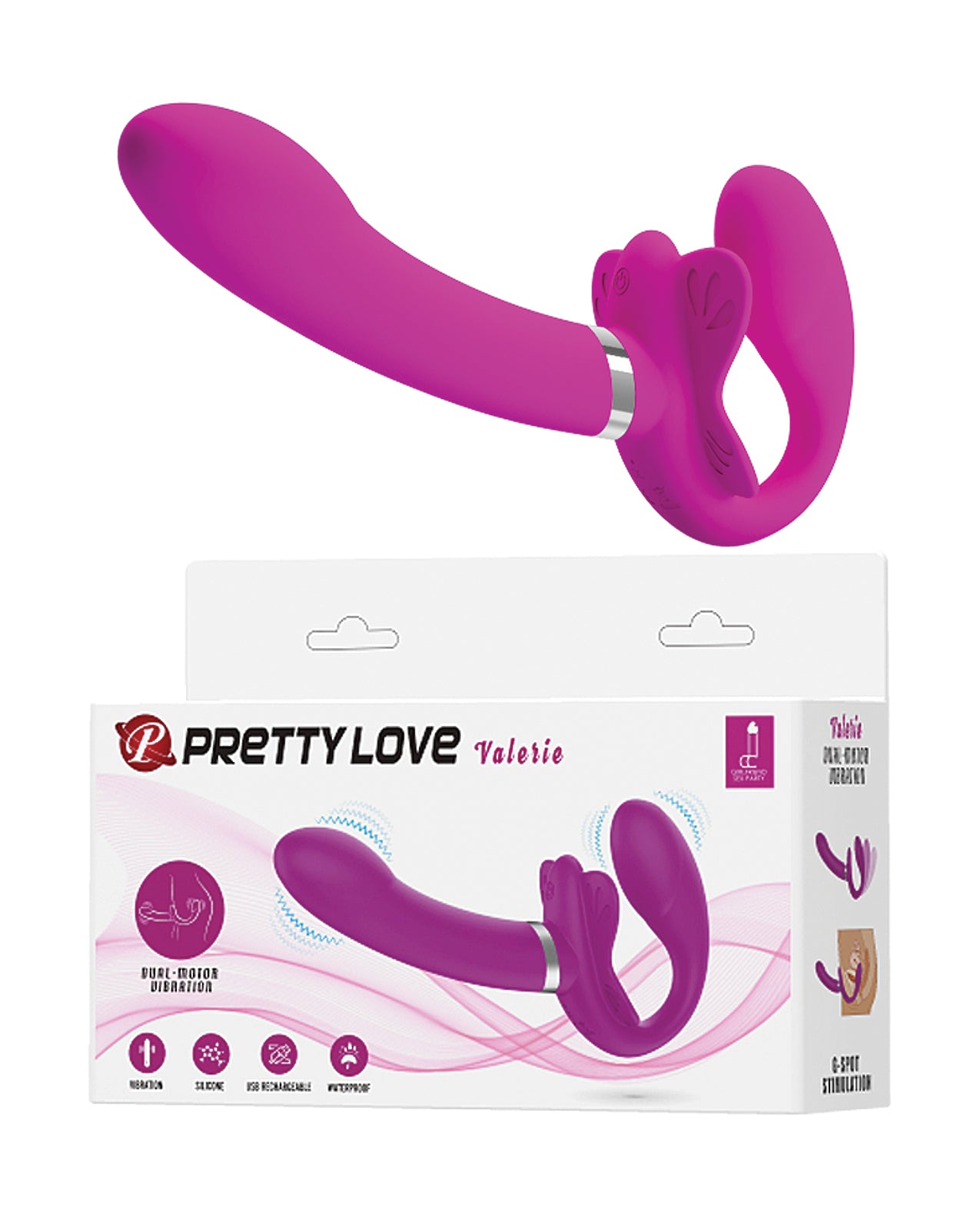 Pretty Love Valerie Vibrating Strapless Strap-On, Dual Motor & 12 Modes, Fuchsia