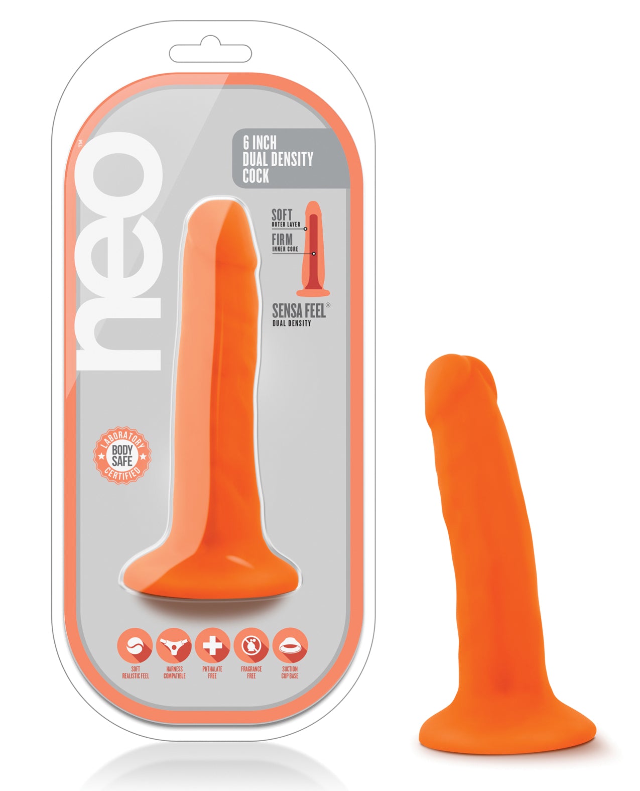 Blush Novelties BL-59519 Neo Dual Density 6" Vibrating Dildo, Neon Orange