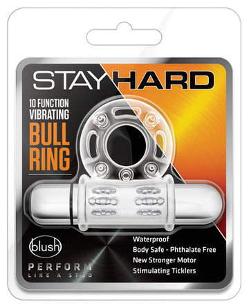 Blush Novelties Stay Hard 10-Function Vibrating Bull Ring, Clear TPE