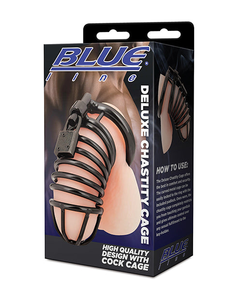 Electric Blue Line Deluxe Chastity Cage, 45mm Stainless Steel - Black