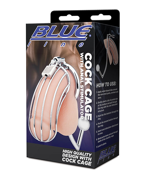 Electric Blue Line Stainless Steel Cock Cage with Anal Stimulator, Silver