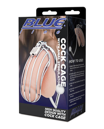 Electric Blue Line Stainless Steel Cock Cage with Anal Stimulator, Silver