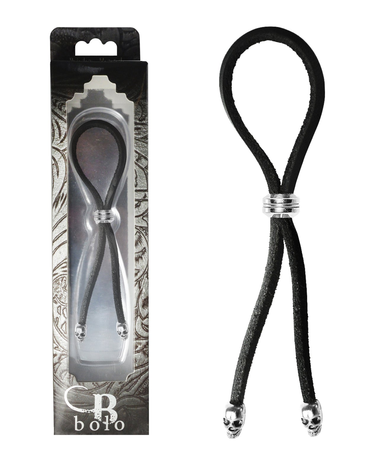 PHS International BOL092-BLK Bolo Leather Lasso Cock Ring, Silver Skull Tips