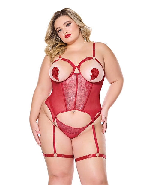 Coquette international Metallic Stretch Lace & Mesh Bustier Set, Red 1X/2X