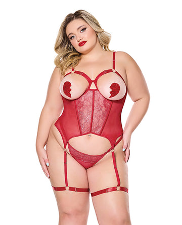 Coquette international Metallic Stretch Lace & Mesh Bustier Set, Red 1X/2X