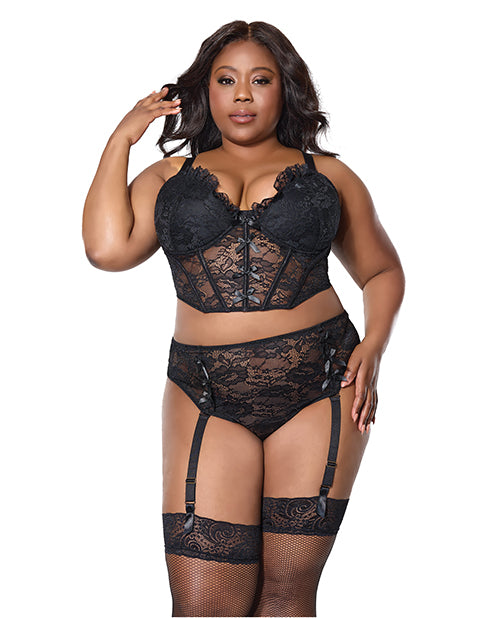 Coquette International Lace Bustier & Gartered Thong Set - Black 3X/4X