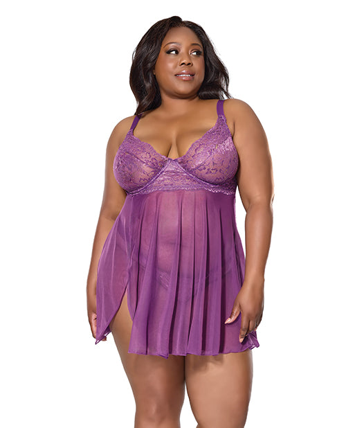 Coquette Metallic Stretch Lace & Mesh Babydoll with Thong, Purple 1X/2X