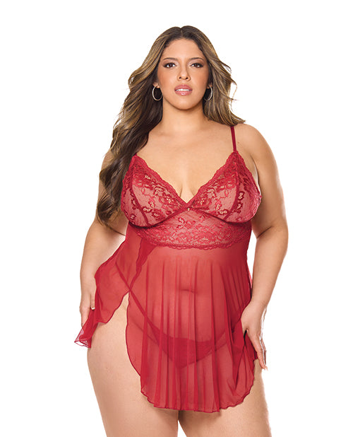 Coquette Crimson Luxe Lace & Mesh Babydoll with G-String, Red, Queen Size