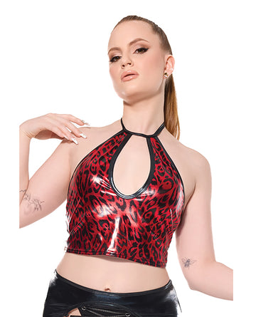 Coquette Darque Metallic Wet Look Keyhole Halter Top, Red/Black